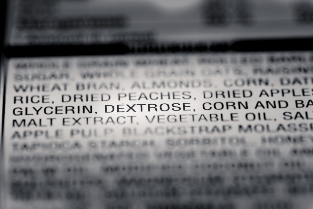 Shallow depth of Field image of Nutrition Facts Dextrose Ingredient Information we can find on a grocery Store Product.