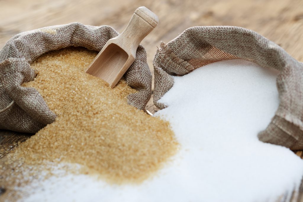 Various types of sugar, brown sugar and white