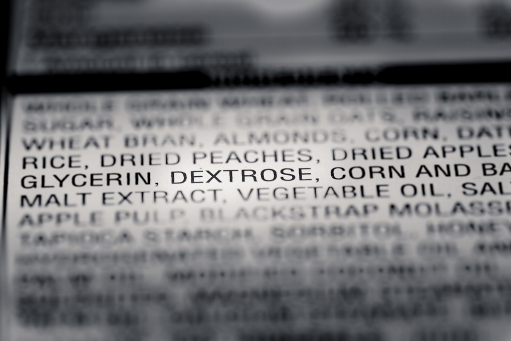 Shallow depth of Field image of Nutrition Facts Dextrose Ingredient Information we can find on a grocery Store Product.
