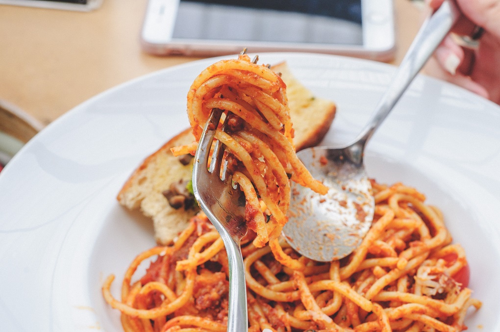 Close up of spaghetti.