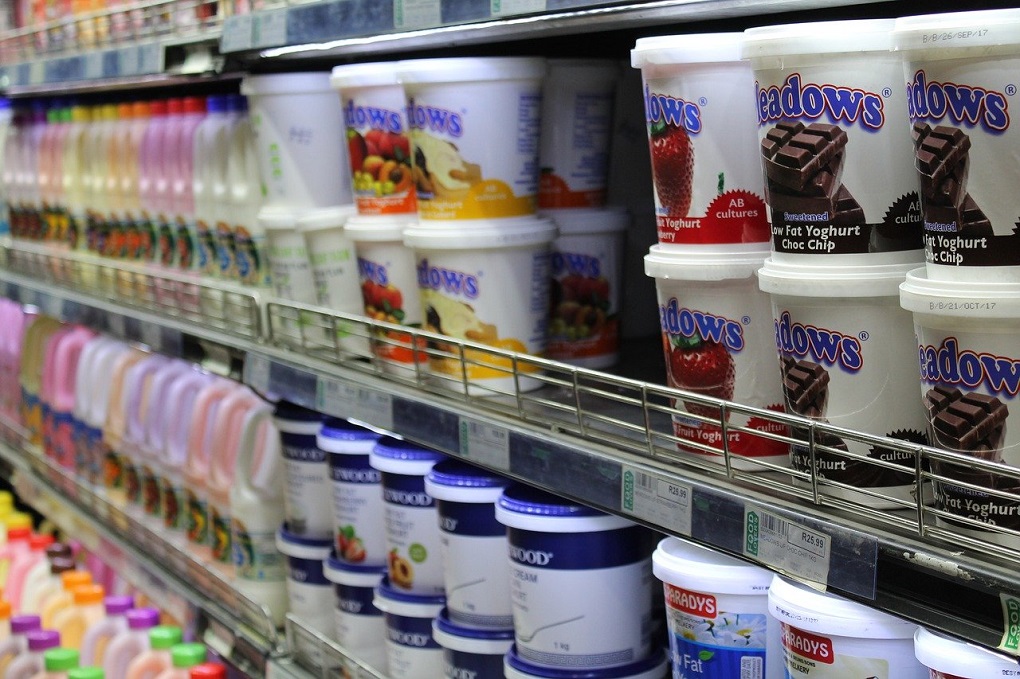 Yogurt in supermarket.