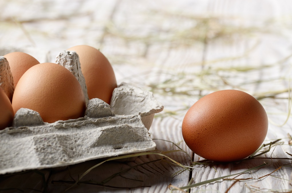 Raw organic brown chicken eggs in eco friendly paper carton on white kitchen wooden table